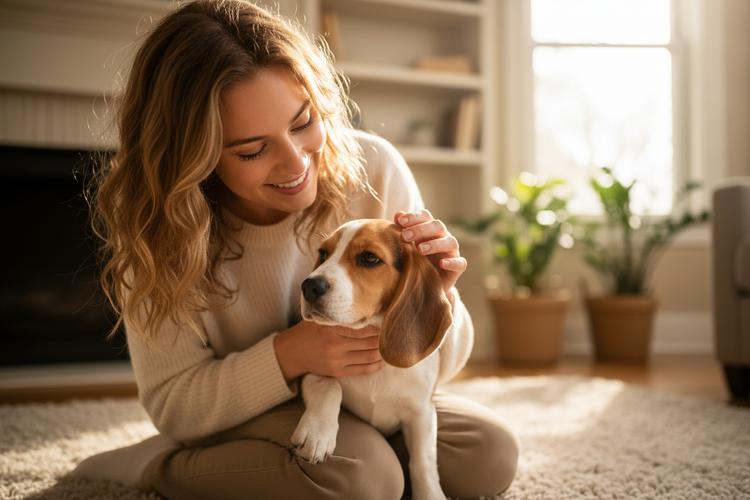 young woman Cares for a small Beagle